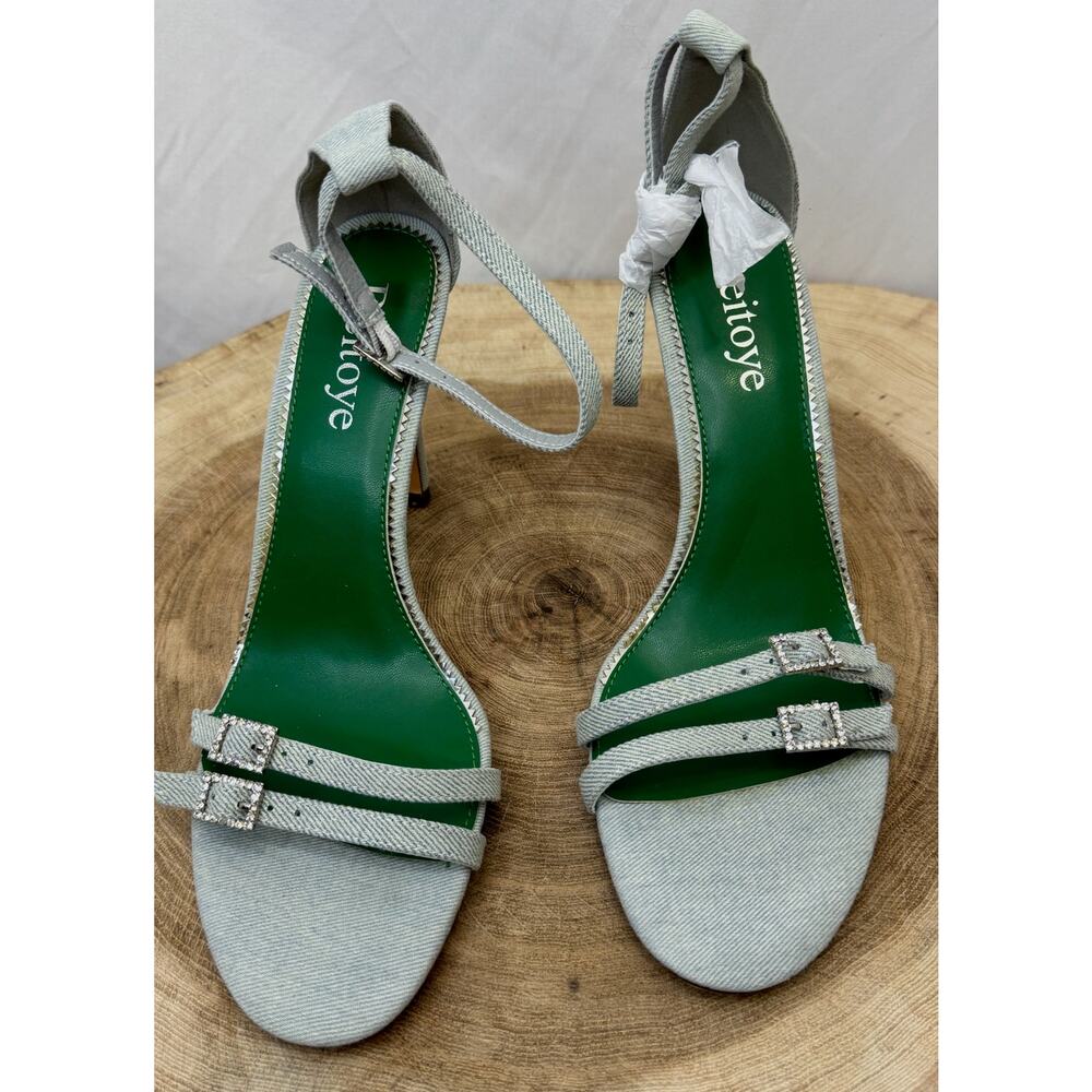 Denim and Rhinestone Strappy Heels - Size 9.5
